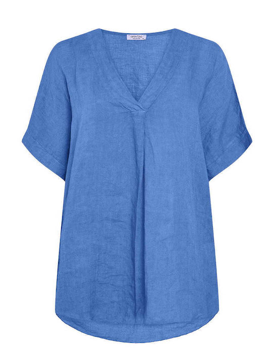 Celestino Women's Linen Blouse Pleated Loose Fit Electric Blue