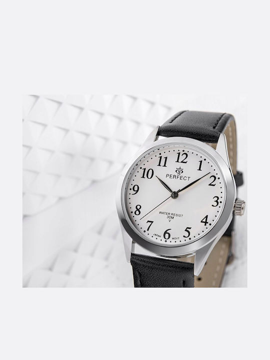 Perfect Γυναικείο Ρολόι 34mm Μπαταρίας με Μαύρο Δερμάτινο Λουράκι
