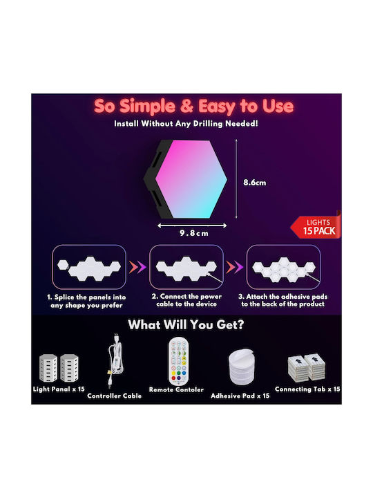 Qova Smart Διακοσμητικό Φωτιστικό LED RGBIC Hexagon 15τμχ