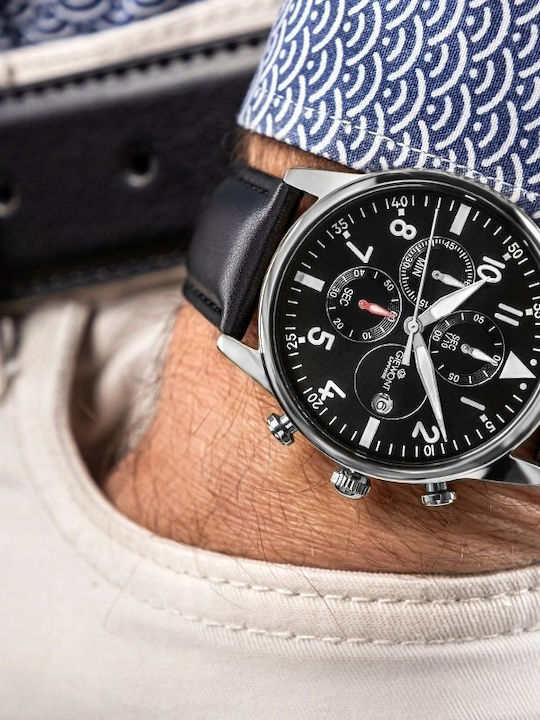 Men's Watch 42mm Chronograph Battery with Black Leather Strap