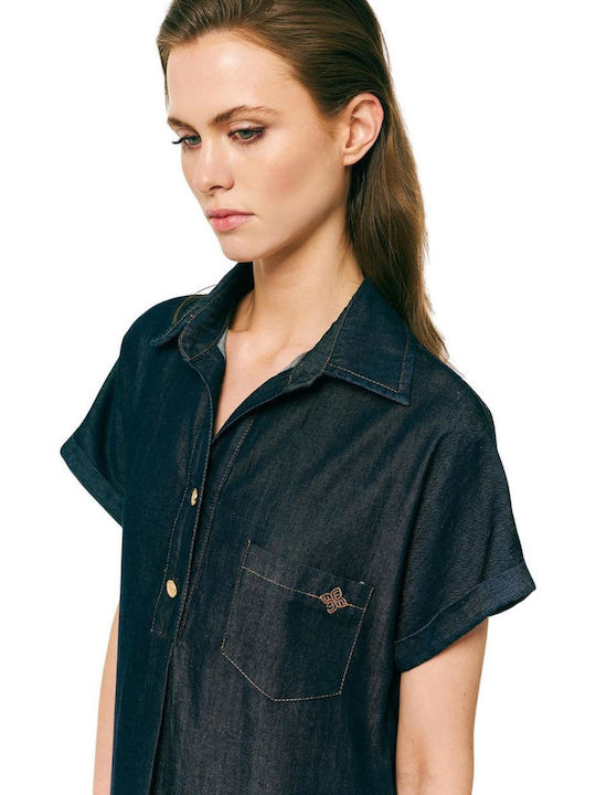 Summer Mini Denim Shirt Dress Blue