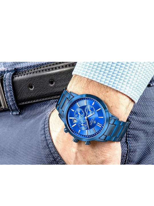 Giewont Herrenuhr 44mm Chronograph Batterie mit Blauem Metall-Armband