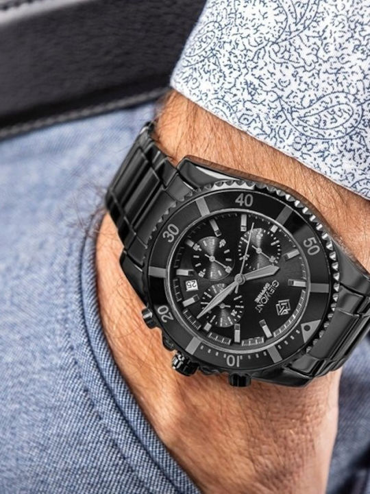 Giewont Herrenuhr 43mm Chronograph Batterie mit Schwarz Metall-Armband