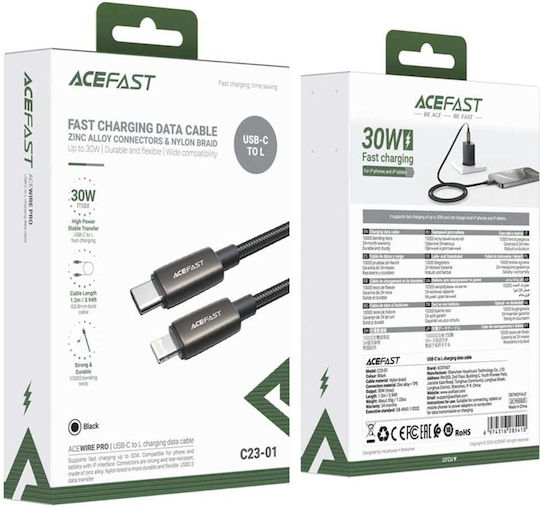 Acefast Плетен USB-C мъжки към Lightning кабел 30W Черен 1.2м