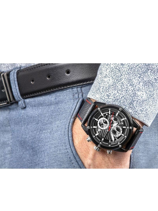 Giewont Herrenuhr 45mm Chronograph Batterie mit Schwarzem Lederriemen