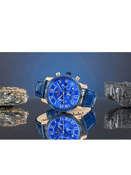 Giewont Herrenuhr 42mm Chronograph Batterie mit Blauem Lederriemen