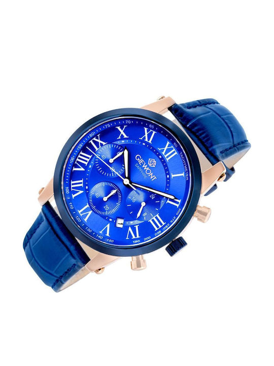 Giewont Herrenuhr 42mm Chronograph Batterie mit Blauem Lederriemen