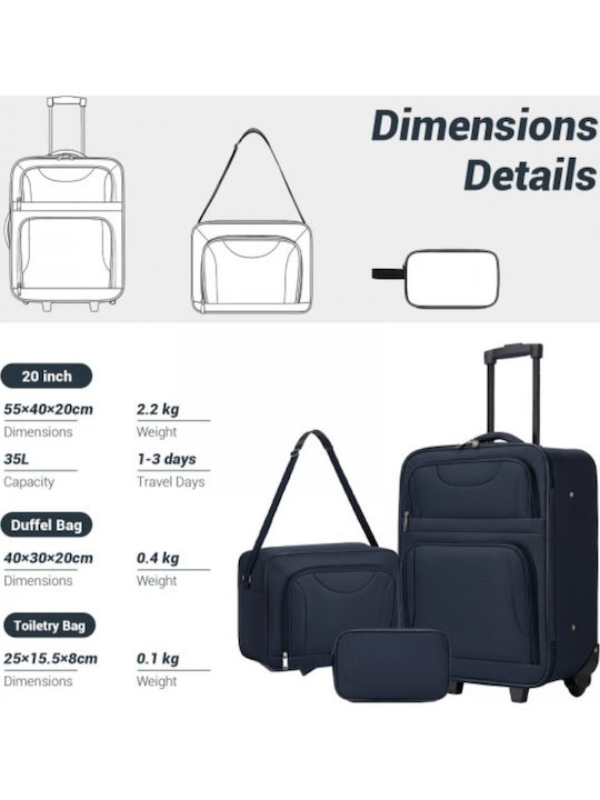 Miss Lulu Travel Suitcases Navy with 4 Wheels Set of 3 Pieces
