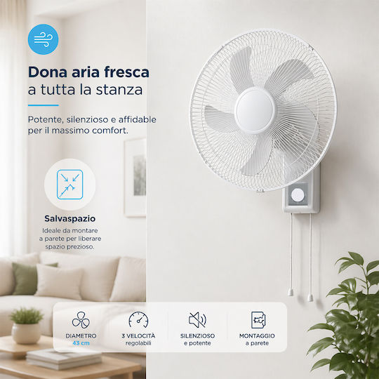 Bakaji Wall Fan 65W Fan Diameter 43cm White