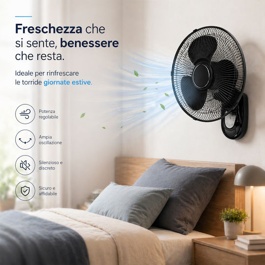 Bakaji Wall Fan 65W 40cm Diameter with Remote Control Black