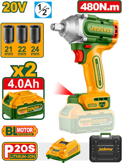 Jadever JDCD1B483 Brushless Schlagschrauber Batteriebetrieb 20V 2x4Ah mit Bitgröße 1/2