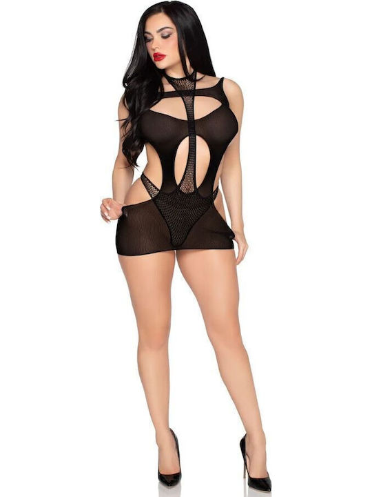 Leg Avenue 81680 Непрозрачна Мини Рокля Halter Боди Черен Универсален Размер