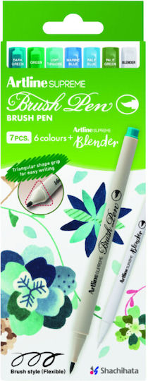 Artline Marker Cu Corp Triunghiular Artline Supreme Frunze Verzi Vârf Flexibil Tip Pensulă Tip 6 Culori Cutie + Bl