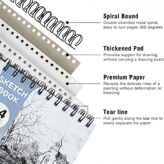 Roza Sketchbook A3 160gsm Spiral Sketch Pad 48 Pages Blue For Pencil & Markers