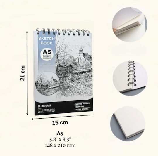 Roza Sketchbook A5 160gsm Σπιράλ Μπλοκ Σχεδίου 48 Σελίδες Μολύβι & Μαρκαδόρους Μπλε