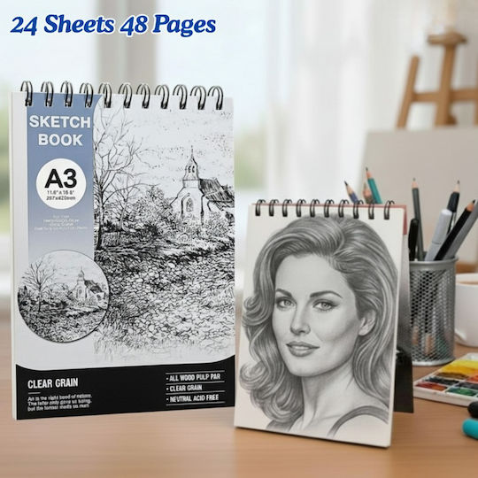 Roza Sketchbook A3 160gsm Spiral Sketch Pad 48 Pages Blue For Pencil & Markers