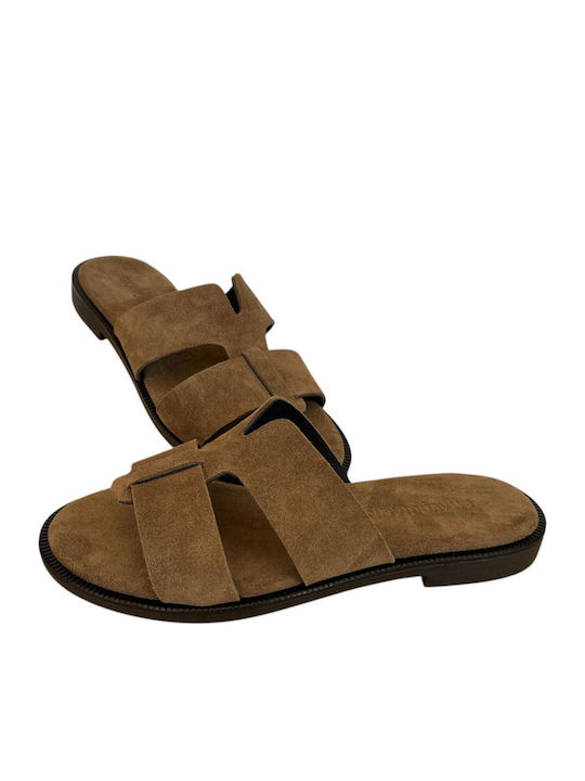 Leather Women's Flat Sandals Brown