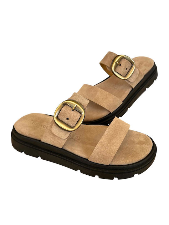Leather Women's Flat Sandals Flatforms Beige