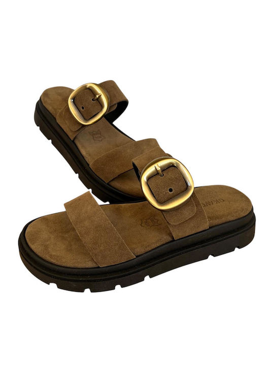Leather Women's Flat Sandals Flatforms Brown