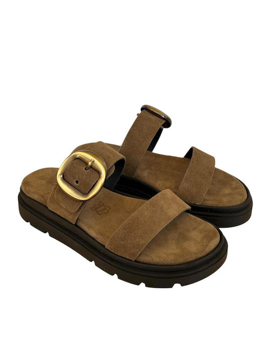 Leather Women's Flat Sandals Flatforms Brown