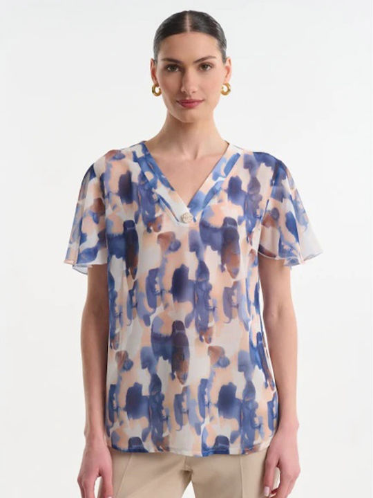 Women's Satin Short Sleeve Blue Blouse