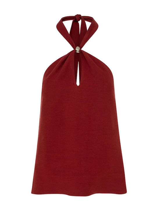 Γυναικεία Καλοκαιρινή Μπλούζα Λινή Off-Shoulder Αμάνικη με Δέσιμο στο Λαιμό Κοκκινο