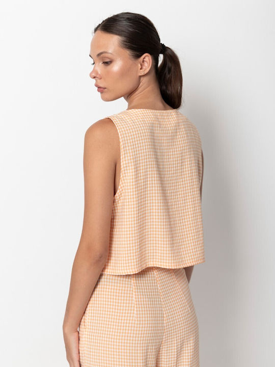 Women's Sleeveless Checked Blouse Peach