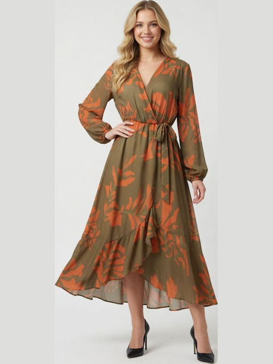 Rochii De Vară Pentru Femei Midi Rochie Mânecă Lungă Wrap-Around Portocalie