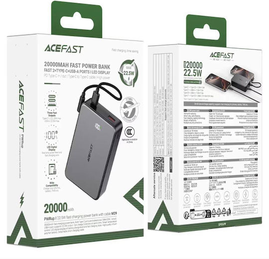 Acefast M29 Power Bank 20000mAh 22.5W με Θύρα USB-A και 2 Θύρες USB-C Μαύρο