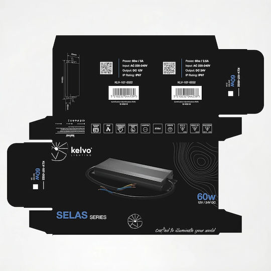 kelvo Adjustable LED Power Supply Waterproof IP67 Power 60W with Output Voltage 24V