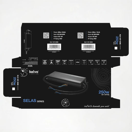 kelvo Adjustable Waterproof LED Power Supply IP67 Power 250W with Output Voltage 12V