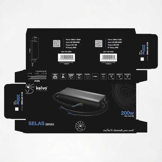 kelvo Adjustable LED Power Supply Waterproof IP67 Power 200W with Output Voltage 24V