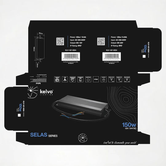 kelvo Adjustable LED Power Supply Waterproof IP67 Power 150W with Output Voltage 24V