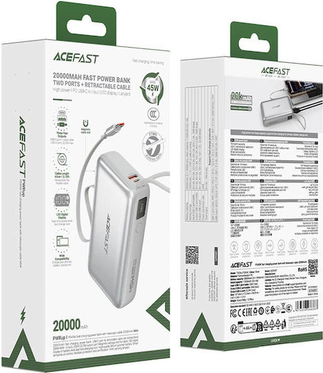 Acefast M34 Power Bank 20000mAh 45W Mit USB-A Ausgangsanschlüsse Und USB-C Ausgangsanschlüsse Power Delivery / Schnellladung Silber