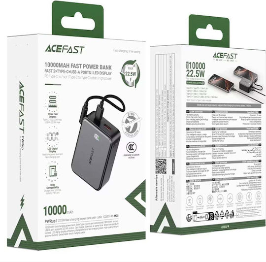 Acefast Power Bank 10000mAh 22.5W με Θύρα USB-A και 2 Θύρες USB-C Μαύρο