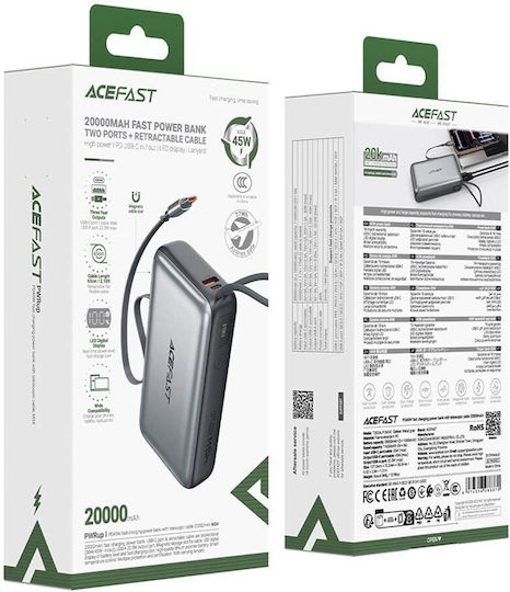 Acefast M34 Power Bank 20000mAh 45W με Θύρα USB-A και Θύρα USB-C Power Delivery / Quick Charge 2.0 / Quick Charge 3.0 Γκρι
