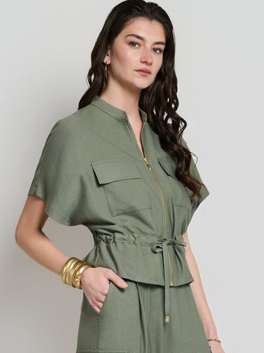 Women's Khaki Set with High Rise Trousers with Rubber Band in Loose Fit