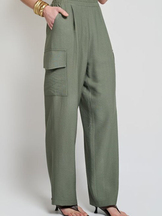Women's Khaki Set with High Rise Trousers with Rubber Band in Loose Fit