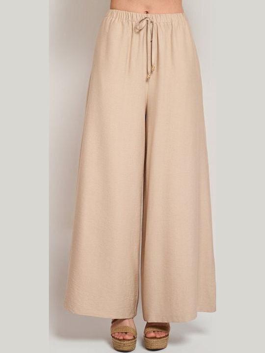 Women's Beige Set with High Rise Trousers with Rubber Band in Loose Fit