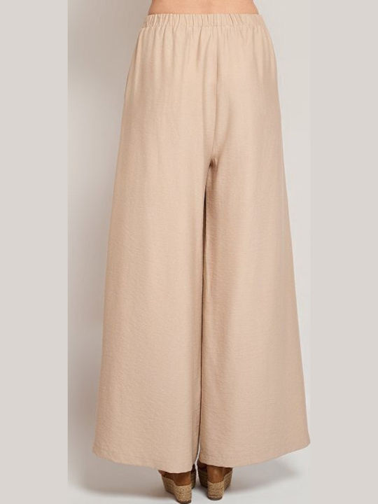 Women's Beige Set with High Rise Trousers with Rubber Band in Loose Fit