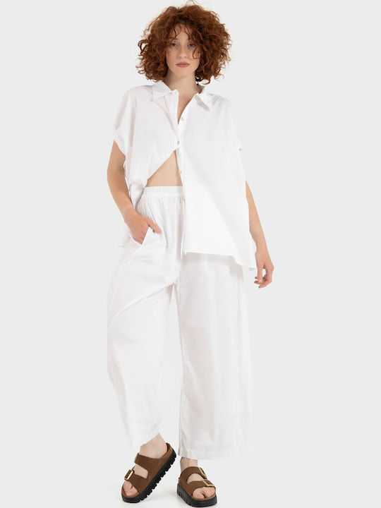 Γυναικείο Υφασμάτινο Παντελόνι σε Baggy Γραμμή White