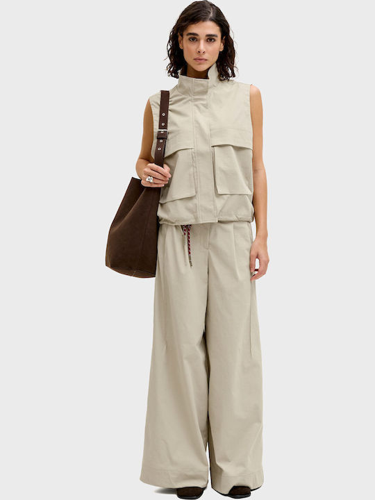 Women's High Rise Fabric Trousers in Wide Leg Light Olive