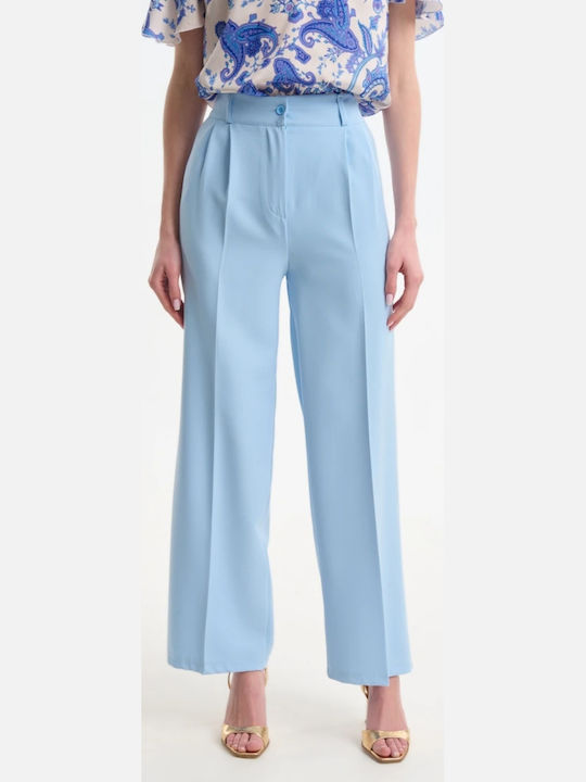 Women's High Rise Linen Pantaloons with Rubber Band Light Blue