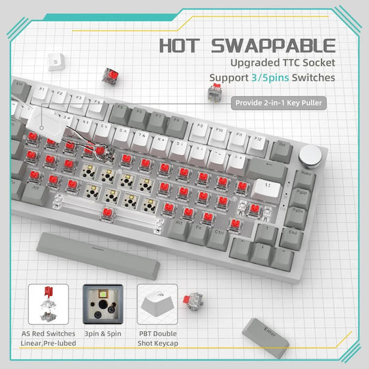 Ajazz AK820 Gaming Tastatură Mecanică 75% cu Taste Iluminate (Engleză SUA) White Light