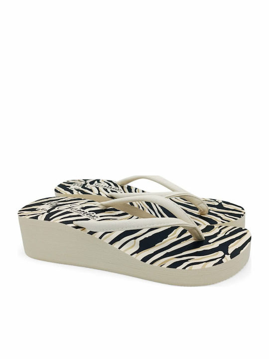 Women's Flip Flops with Beige Zebra Platforms