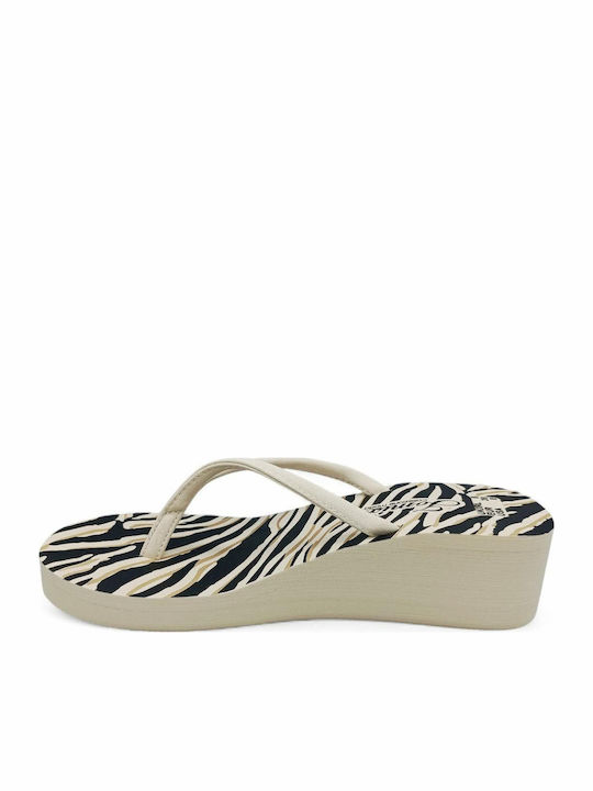 Women's Flip Flops with Beige Zebra Platforms