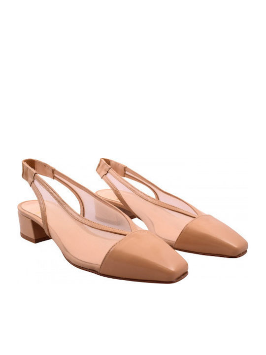 Leather Heels with Low Heel Beige