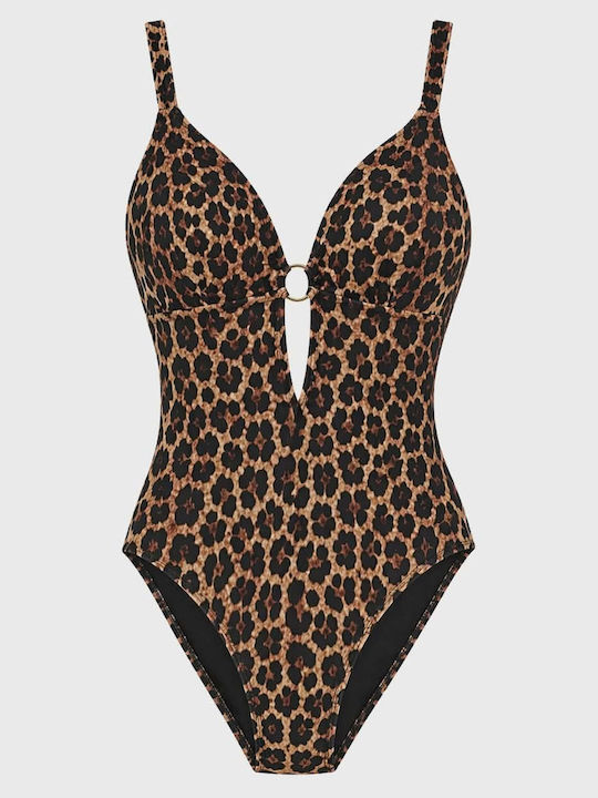 One Piece Swimsuit With Light Padding For Large Bust Animal Print Brown Leopard