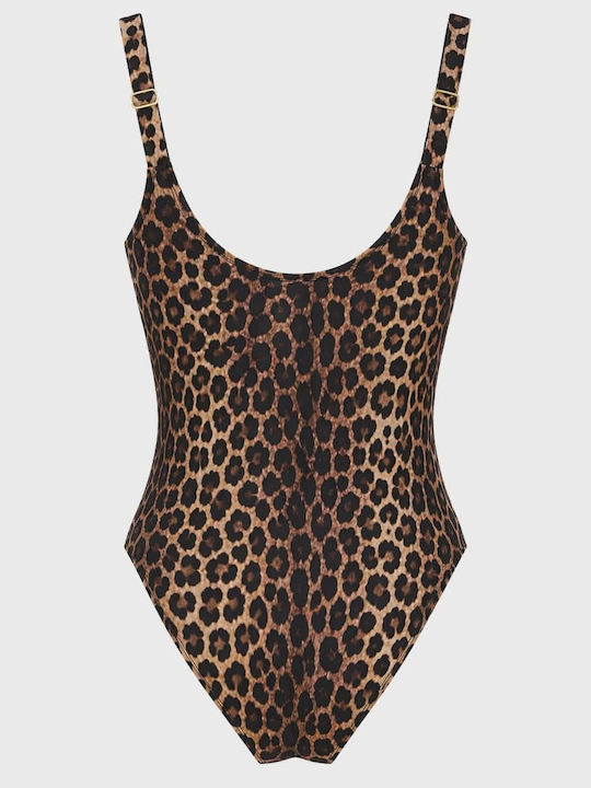 One Piece Swimsuit With Light Padding For Large Bust Animal Print Brown Leopard