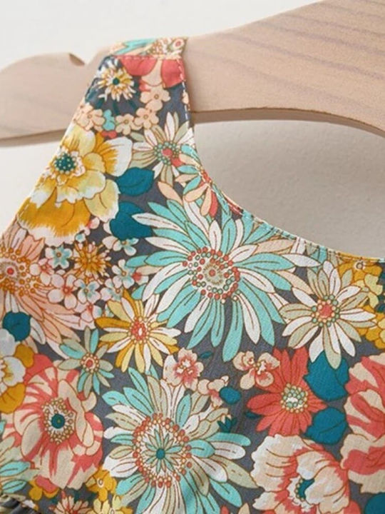 Floral Παιδικό Φόρεμα Αμάνικο Καφέ